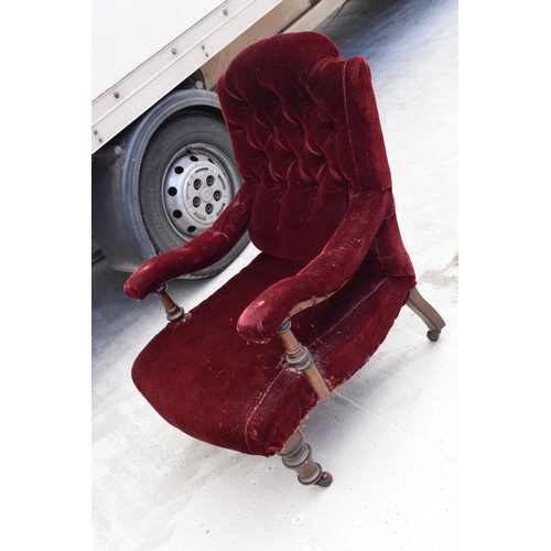 374 - 19th century upholstered mahogany button-back library-style chair, 94cm tall. In need of attention.