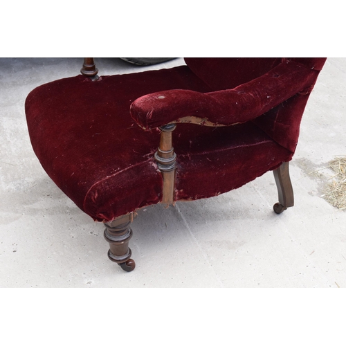 374 - 19th century upholstered mahogany button-back library-style chair, 94cm tall. In need of attention.