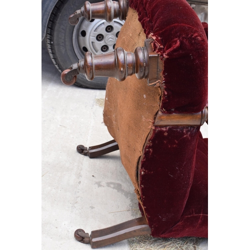 374 - 19th century upholstered mahogany button-back library-style chair, 94cm tall. In need of attention.