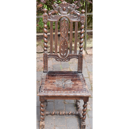 394 - Late 18th / early 19th century carved chair, gothic style, 106cm tall.