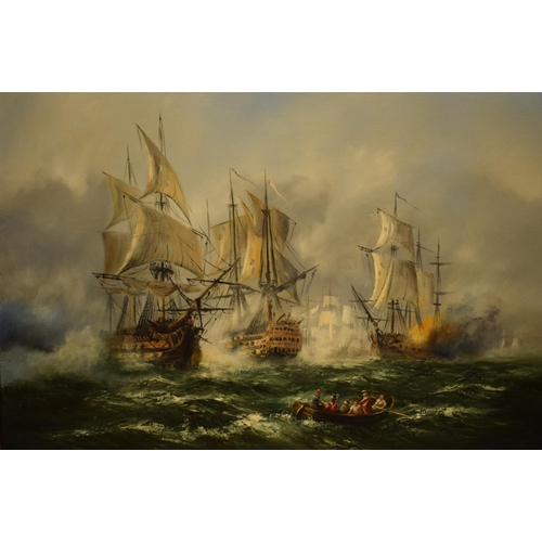 396 - A gilt framed oil painting on canvas of sailing ships at sea, 91 x 65cm inc frame. Signed Anthony He... 
