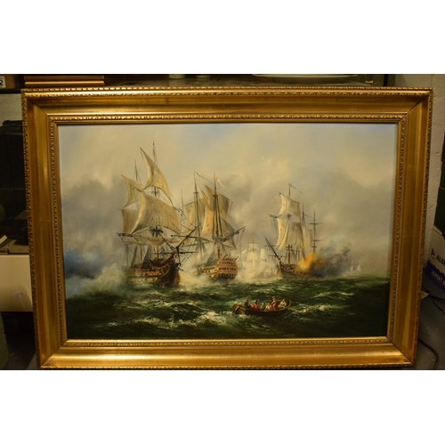 396 - A gilt framed oil painting on canvas of sailing ships at sea, 91 x 65cm inc frame. Signed Anthony He... 