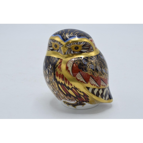 43 - Boxed Royal Crown Derby paperweight Little Owl, first quality with gold stopper.