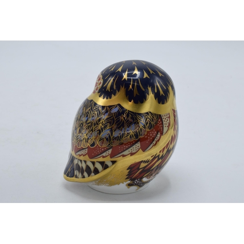 43 - Boxed Royal Crown Derby paperweight Little Owl, first quality with gold stopper.