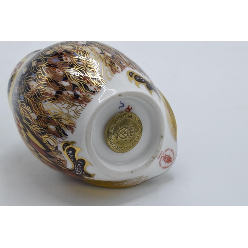 43 - Boxed Royal Crown Derby paperweight Little Owl, first quality with gold stopper.