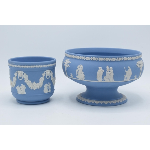 79 - Wedgwood blue Jasperware footed pedestal bowl together with small jardinière (2).