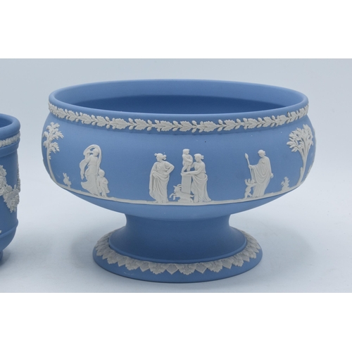 79 - Wedgwood blue Jasperware footed pedestal bowl together with small jardinière (2).