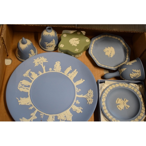 83 - A collection of Wedgwood Jasperware to include light blue and sage green consisting of plates, trink... 