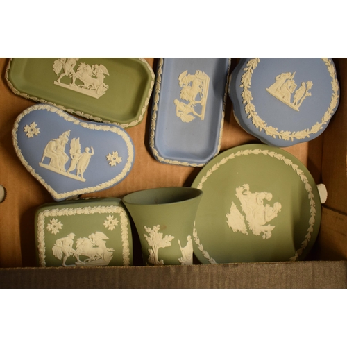 83 - A collection of Wedgwood Jasperware to include light blue and sage green consisting of plates, trink... 