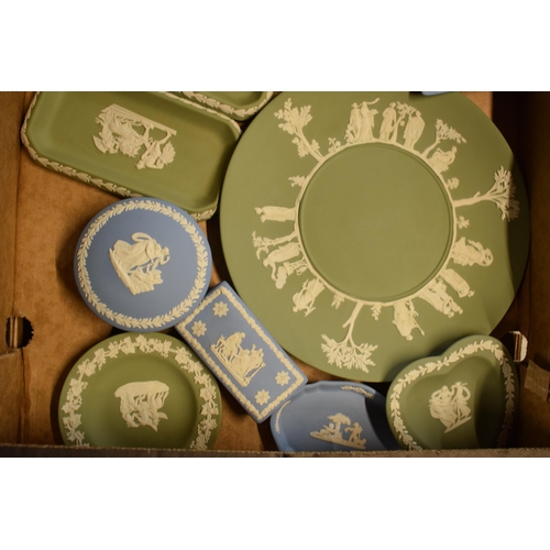 84 - A collection of Wedgwood Jasperware to include light blue and sage green consisting of plates, trink... 