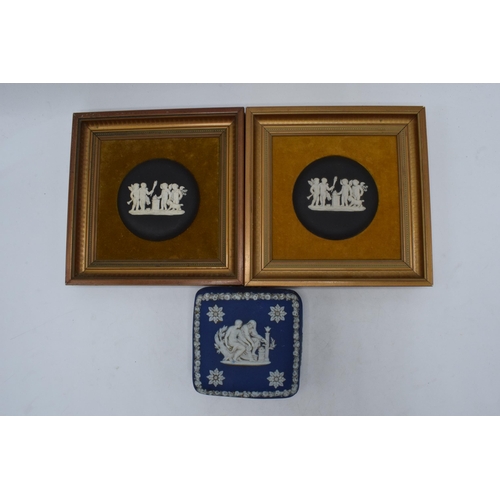 89 - A pair of framed Wedgwood Black Jasperware oval plaques together with 19th century dip blue square t... 