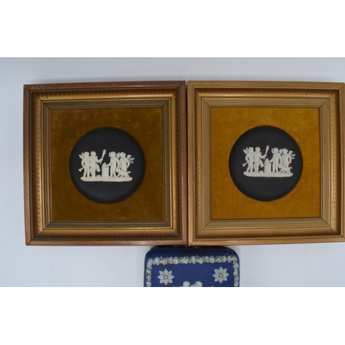 89 - A pair of framed Wedgwood Black Jasperware oval plaques together with 19th century dip blue square t... 