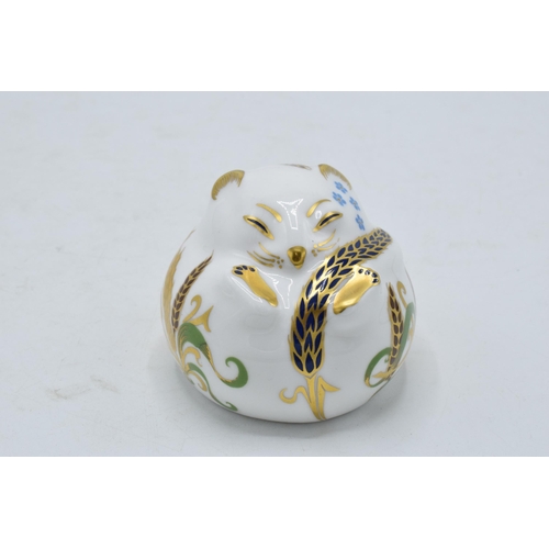 38A - Royal Crown Derby Paperweight - Dormouse (sleeping), gold stopper and red Royal Crown Derby stamp on... 