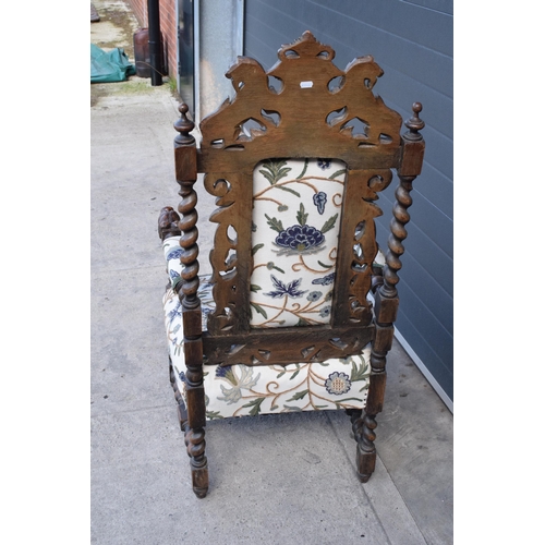 397B - 19th century Carolean style carver chair with carved heraldic animal crest, gothic style, 132cm tall... 