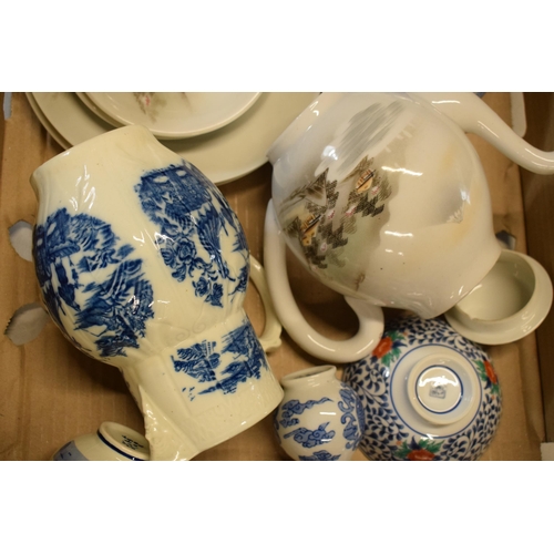 104 - A mixed collection of pottery to include 19th century blue and white Caughley-style jug, oriental te... 