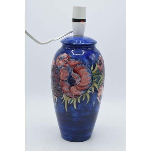 167 - Moorcroft pottery lamp base with Anemone on blue pattern, 33cm inc fittings.