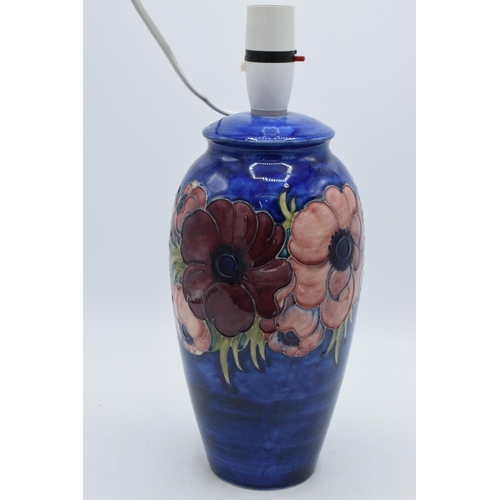 167 - Moorcroft pottery lamp base with Anemone on blue pattern, 33cm inc fittings.