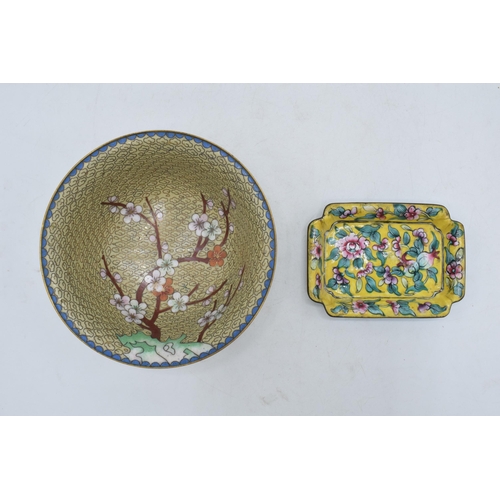 199 - Japanese cloisonné bowl with blossom tree on pale background, 13cm diameter, together with a similar... 