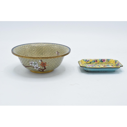 199 - Japanese cloisonné bowl with blossom tree on pale background, 13cm diameter, together with a similar... 