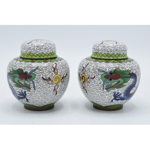 200 - A pair of Japanese cloisonné ginger jars with dragon decoration on a light background, 8.5cm tall (2... 