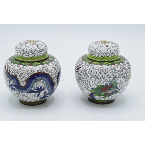 200 - A pair of Japanese cloisonné ginger jars with dragon decoration on a light background, 8.5cm tall (2... 