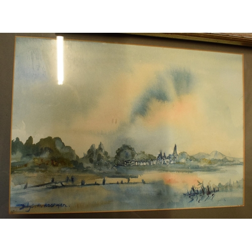 205 - A mixed collection of framed artwork to include Trevor Jones 1988 watercolour and one 1986, 'Maze' b... 