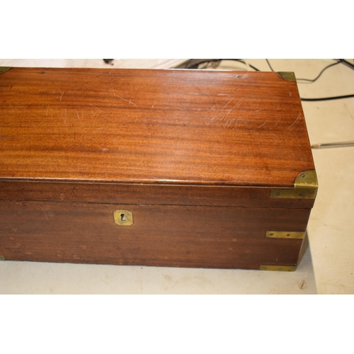 225 - Victorian brass bound writing slope with leather inset and jars, 46 x 24 x 17cm tall.