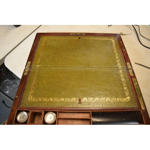 225 - Victorian brass bound writing slope with leather inset and jars, 46 x 24 x 17cm tall.