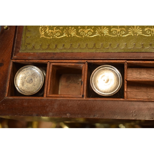 225 - Victorian brass bound writing slope with leather inset and jars, 46 x 24 x 17cm tall.