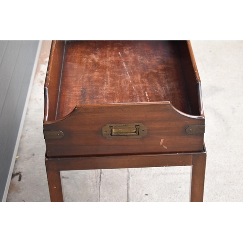 233 - A 20th century wooden butler's tray on stand or similar with brass bounds, 67 x 43 x 69cm tall.