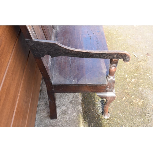 240 - 18th century oak settle with panelled back support, 107 x 46 x 76cm tall.