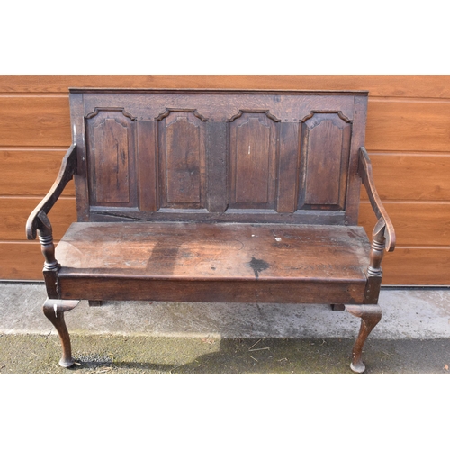 240 - 18th century oak settle with panelled back support, 107 x 46 x 76cm tall.