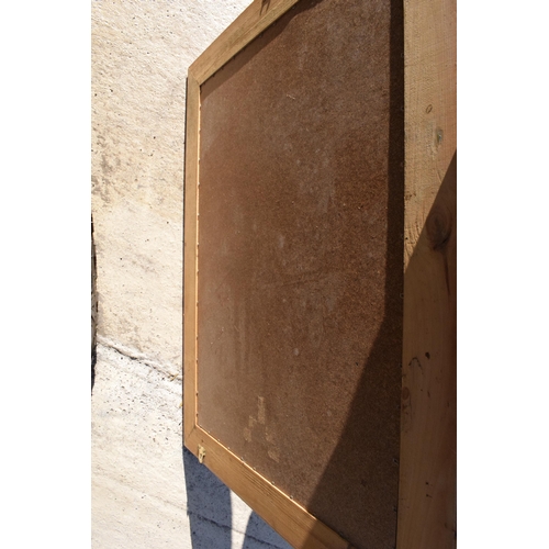 242 - A vintage 20th century pine wall hanging bevel-edged mirror, 96 x 77cm.