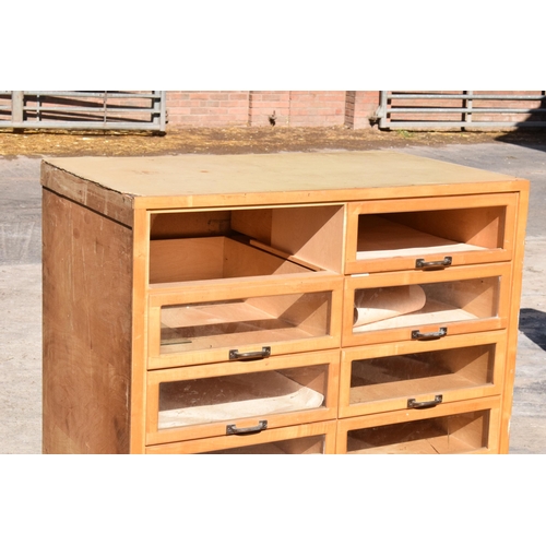 247 - 20th century wooden and glass haberdashery chemists shop bank of drawers with glass fronts, 90 x 56 ... 