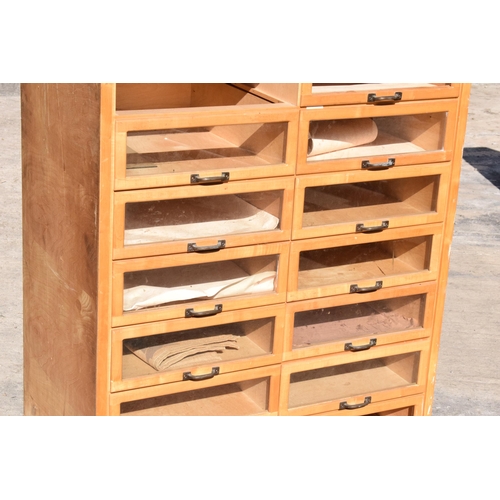 247 - 20th century wooden and glass haberdashery chemists shop bank of drawers with glass fronts, 90 x 56 ... 