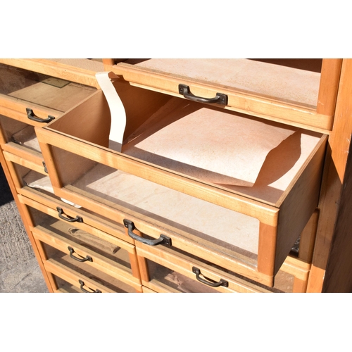 247 - 20th century wooden and glass haberdashery chemists shop bank of drawers with glass fronts, 90 x 56 ... 