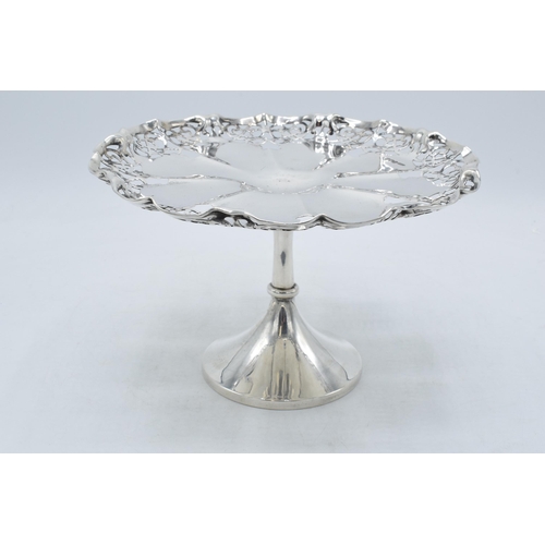 283 - Silver pierced decoration tazza / pedestal stand. 327.4 grams. Sheffield 1925. 21cm wide.