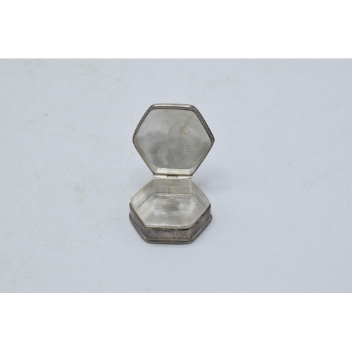 291 - Silver Viagra Lite hexagonal pill box, 3cm diameter. London 2000.