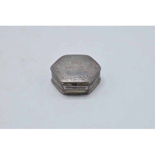 291 - Silver Viagra Lite hexagonal pill box, 3cm diameter. London 2000.