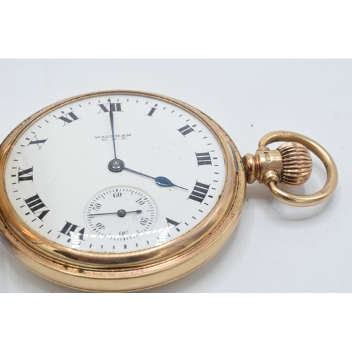 355 - Waltham 9ct gold full hunter pocket watch with crown wind mechanism and black Arabic Numerals on whi... 