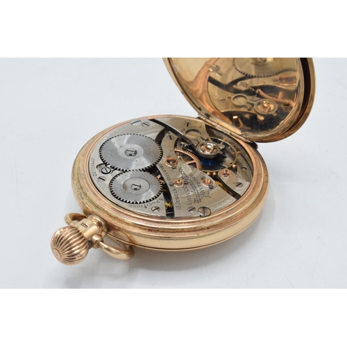 355 - Waltham 9ct gold full hunter pocket watch with crown wind mechanism and black Arabic Numerals on whi... 