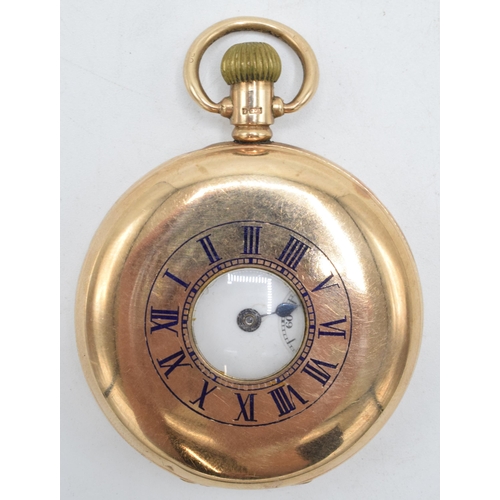 356 - 9ct gold half hunter pocket watch, gross weight 73.6 grams. Ticks for short periods of time. Case 45... 