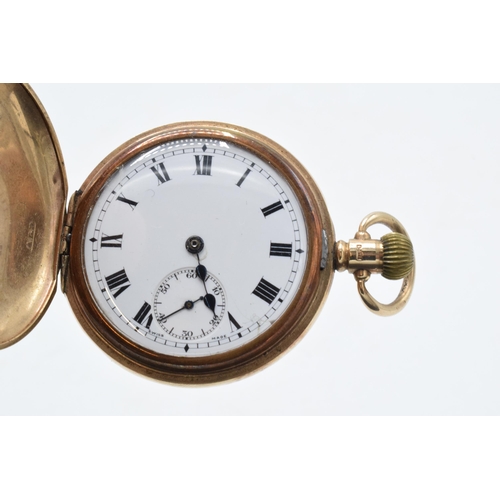 356 - 9ct gold half hunter pocket watch, gross weight 73.6 grams. Ticks for short periods of time. Case 45... 