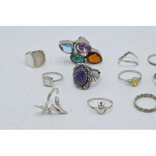 363 - A collection of silver rings of varying forms and sizes, 43.4 grams (10).