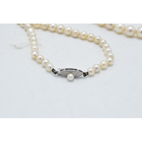 437 - Pearl necklace with 14ct gold strap, signed Mikimoto, circa 1950s, with graduated pearls from 4.2 to... 