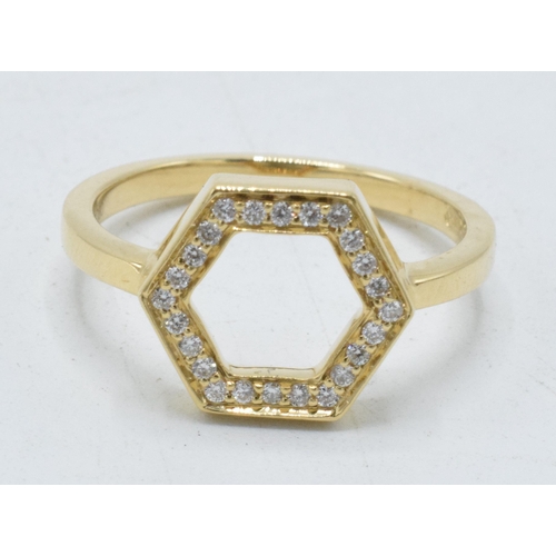 439 - 18ct gold diamond hexagonal designer ring by David M Robinson, UK size N / O, 3.5 grams.