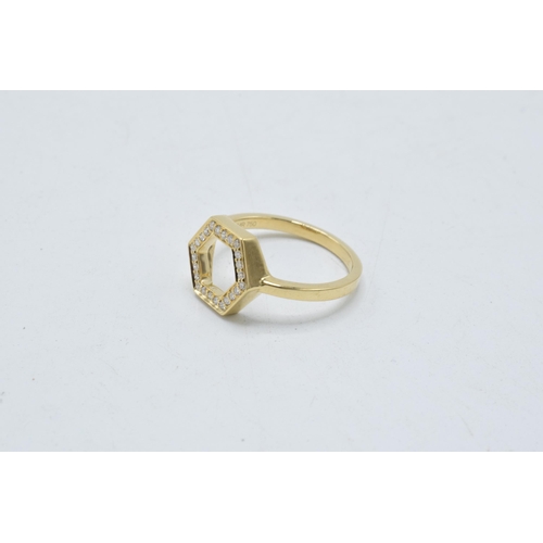 439 - 18ct gold diamond hexagonal designer ring by David M Robinson, UK size N / O, 3.5 grams.