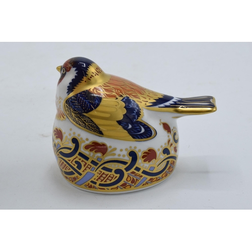 67 - Royal Crown Derby paperweight, Goldfinch Nesting, 6.7cm, red factory stamp and date mark for 1997, g... 