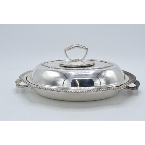 312 - Early 20th century silver plated entrée dish with kay handle to lid, 32cm long.