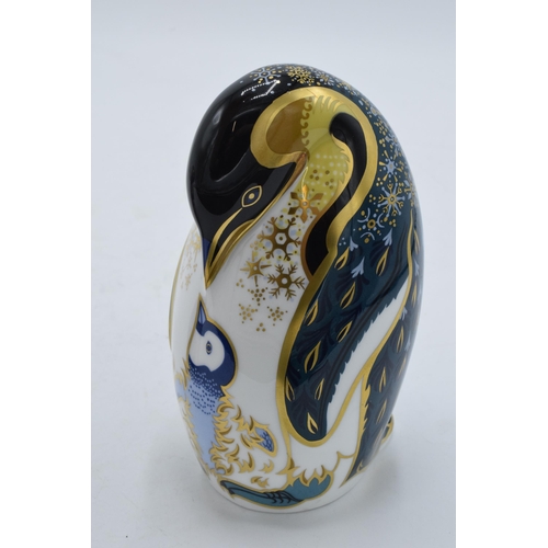 37A - Royal Crown Derby paperweight Penguin and Chick, first quality with gold stopper.